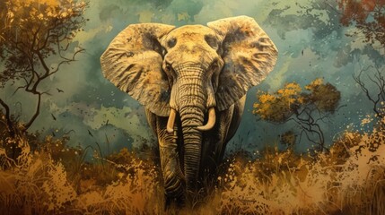 A bold and colorful portrayal of an elephant set against an imaginative, pop art-inspired nature backdrop