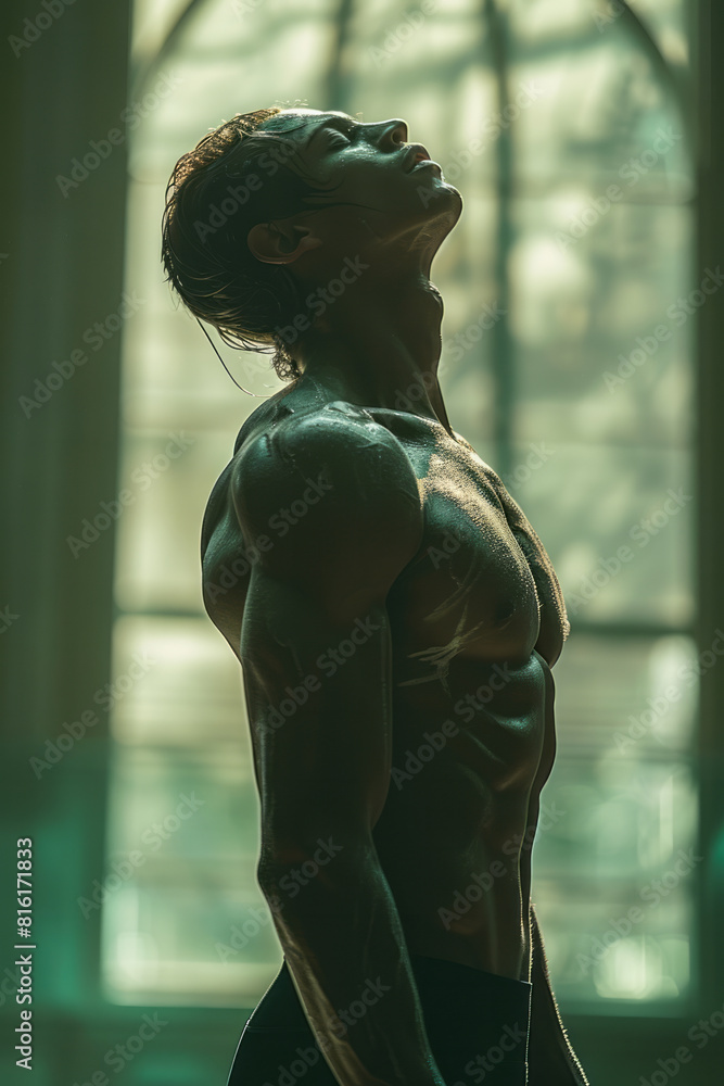 Poster Scene of a contemporary dancer stretching, with their limbs elongating into chains of molecules, intertwining and separating with each movement,