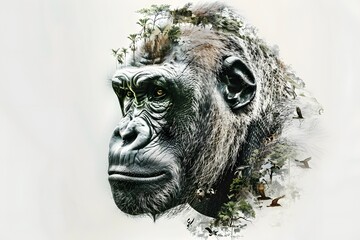 Doгble exposure of gorilla head close up and jungle.