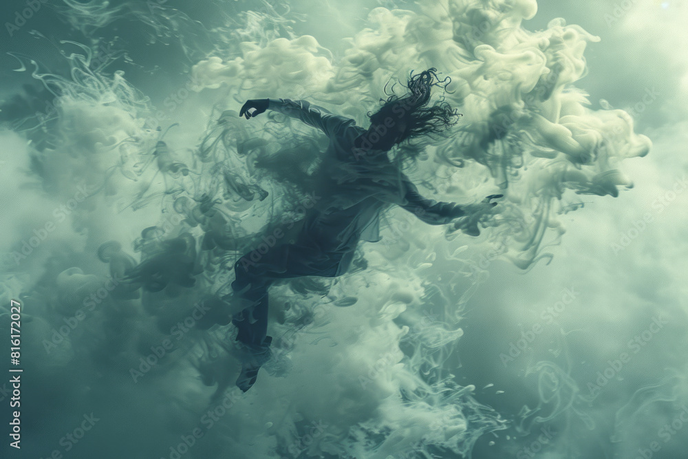 Poster dynamic image of a contemporary dancer leaping, with their airborne form surrounded by swirling clou