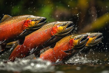 Salmon jumping upstream during spawning season, symbolizing resilience. 
