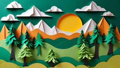 Paper landscape with trees, mountains and sun made of paper, illustration created with generative ai.