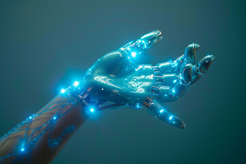 robotic hand have digital AI icon floats visible wiring,generative ai
