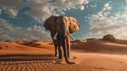 An evocative image of an African Elephant strolling in the desert at sunset, reflecting serenity...