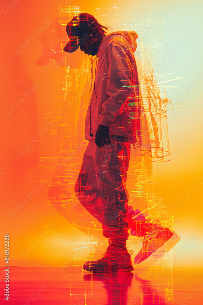 Poster Abstract image of a hip-hop dancer popping and locking, with sharp glitches and pixelation highlighting each precise movement,