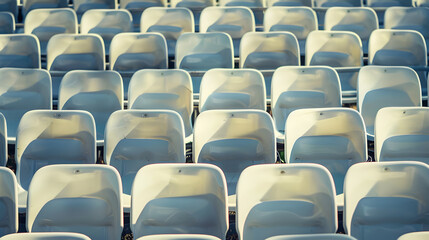 Fototapeta premium Empty vacant small stadium seats outdoors bleachers nobody no people cancelled sports event nobody present at a sport show simple abstract concept Chair rows up close copy space side v : Generative AI