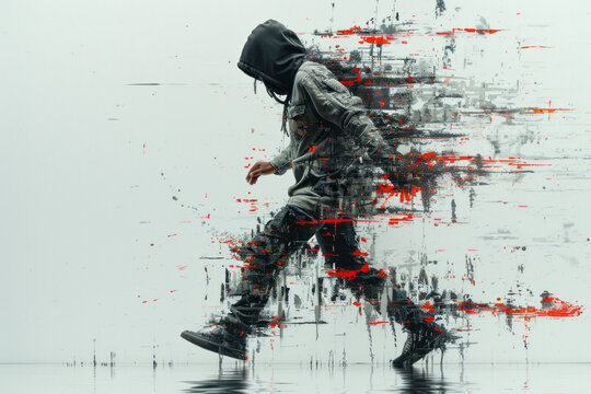 Artistic portrayal of a krump dancer, their powerful movements creating intense digital distortions and glitches,