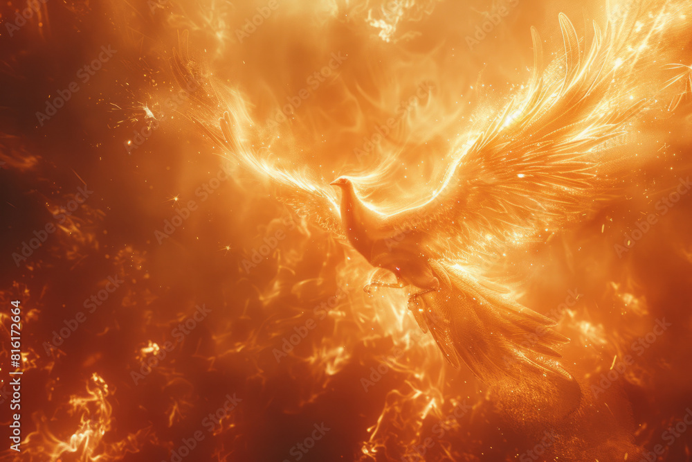 Poster dynamic image of a phoenix rising from flames, surrounded by an aura of cinnamon and vanilla, the ai