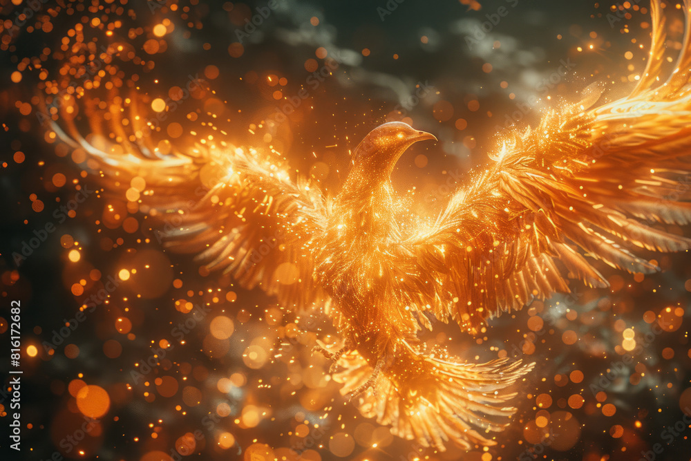 Poster Dynamic image of a phoenix rising from flames, surrounded by an aura of cinnamon and vanilla, the air filled with a warm, inviting scent,
