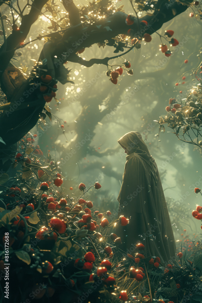 Poster illustration of an elf in an enchanted forest, surrounded by clusters of strawberries and blueberrie