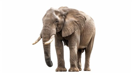 Obraz premium Full body image of a walking African elephant with a focus on its curled trunk and ivory tusks