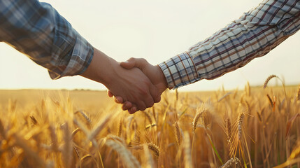 Two farmers shaking hands in a wheat field, symbolizing a successful agricultural business partnership.