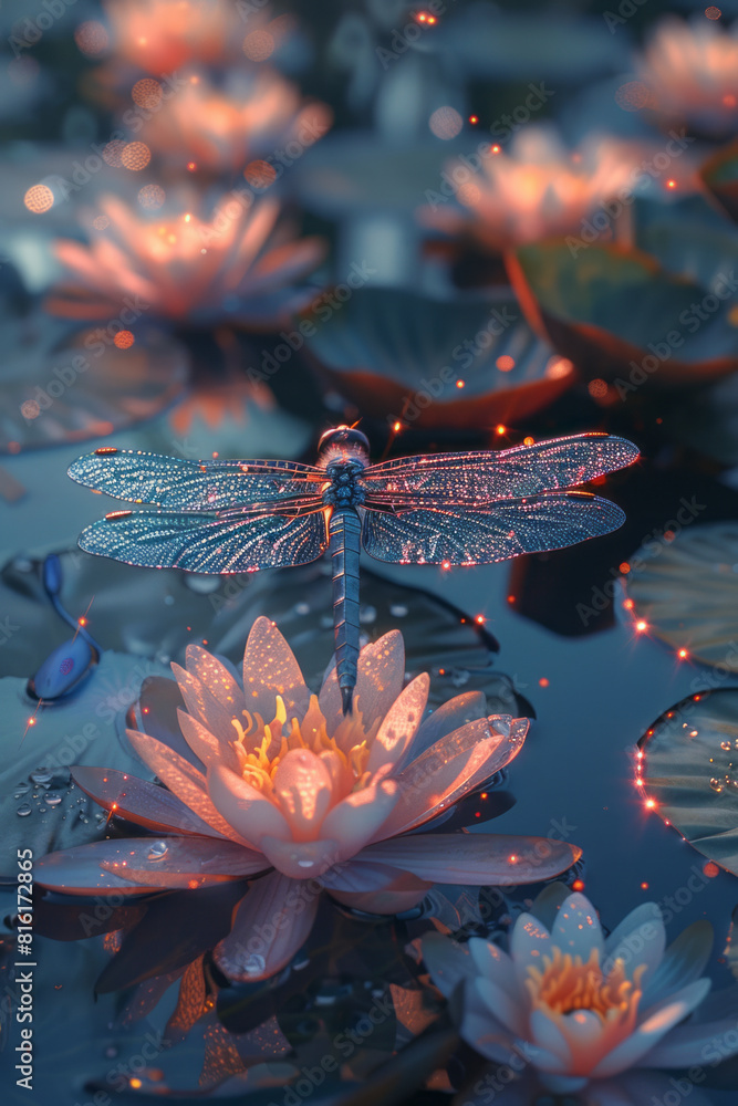 Poster dynamic image of a dragonfly fairy hovering over a pond, surrounded by water lilies and lotus flower