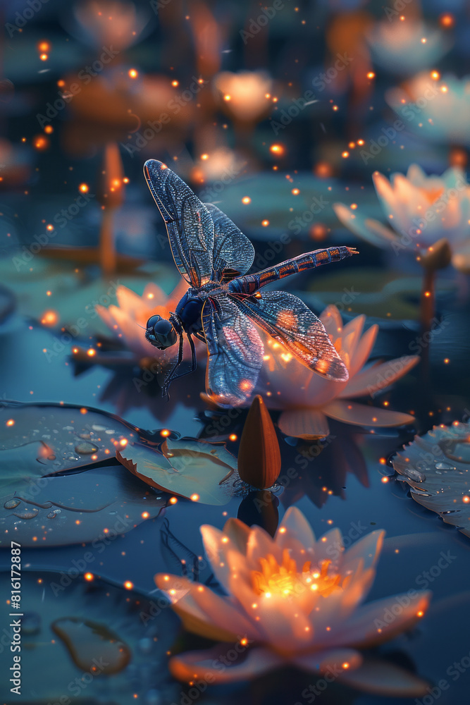 Poster dynamic image of a dragonfly fairy hovering over a pond, surrounded by water lilies and lotus flower