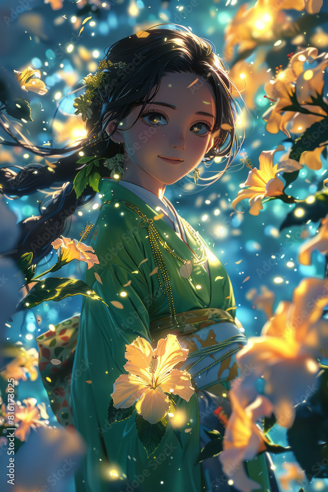 Poster illustration of a celestial being in a starry sky, surrounded by floating petals of hibiscus and yla