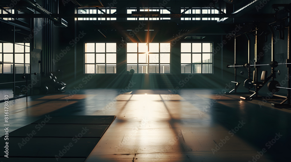 Poster Gym interior and empty space or dark room with window and light flare for exercise training and fitness workout No people sports club and floor layout of exercising venue facility and  : Generative AI