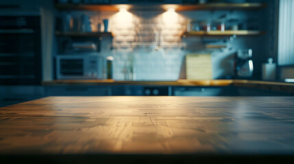 Obraz premium empty table board and defocused modern kitchen background product display concept : Generative AI