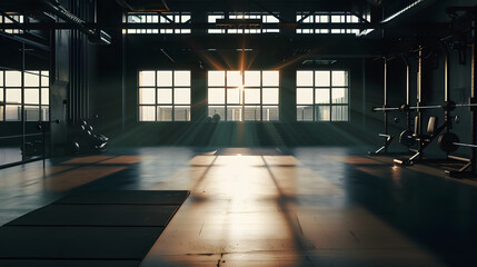 Gym interior and empty space or dark room with window and light flare for exercise training and fitness workout No people sports club and floor layout of exercising venue facility and  : Generative AI