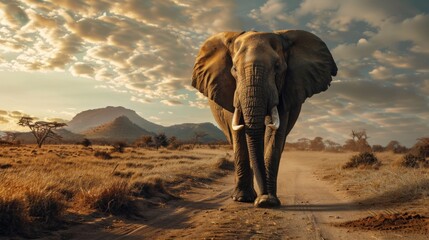 An elephant makes its way down a dusty path in the vast African savanna with fluffy clouds above