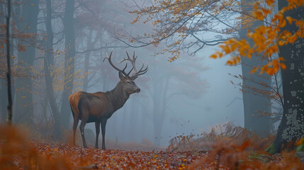 Deer in the autumn foggy forest of Balkan Mountains, Bulgaria. --ar 16:9 Job ID: 57c54e72-c1da-4fa0-a321-414bef1d671f