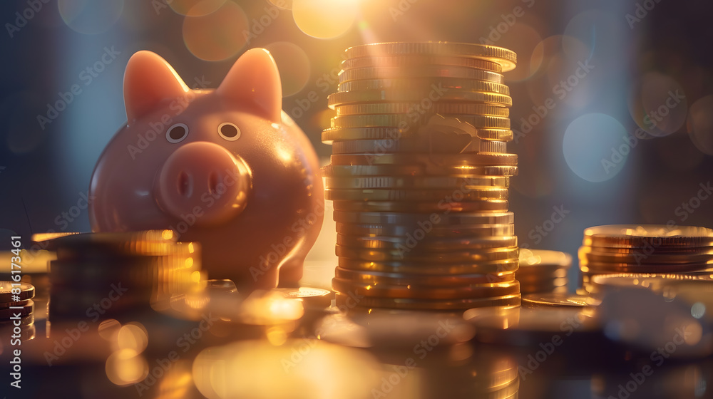 Aufkleber a sad piggy bank behind stacks of euro coins symbolizing the fall of monetary assets white moneybox 