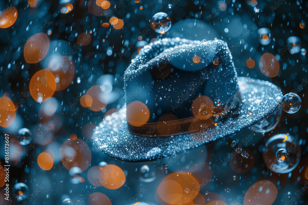 Poster Dynamic view of a hat suspended among a cluster of sparkling bubbles, adding a touch of magic,