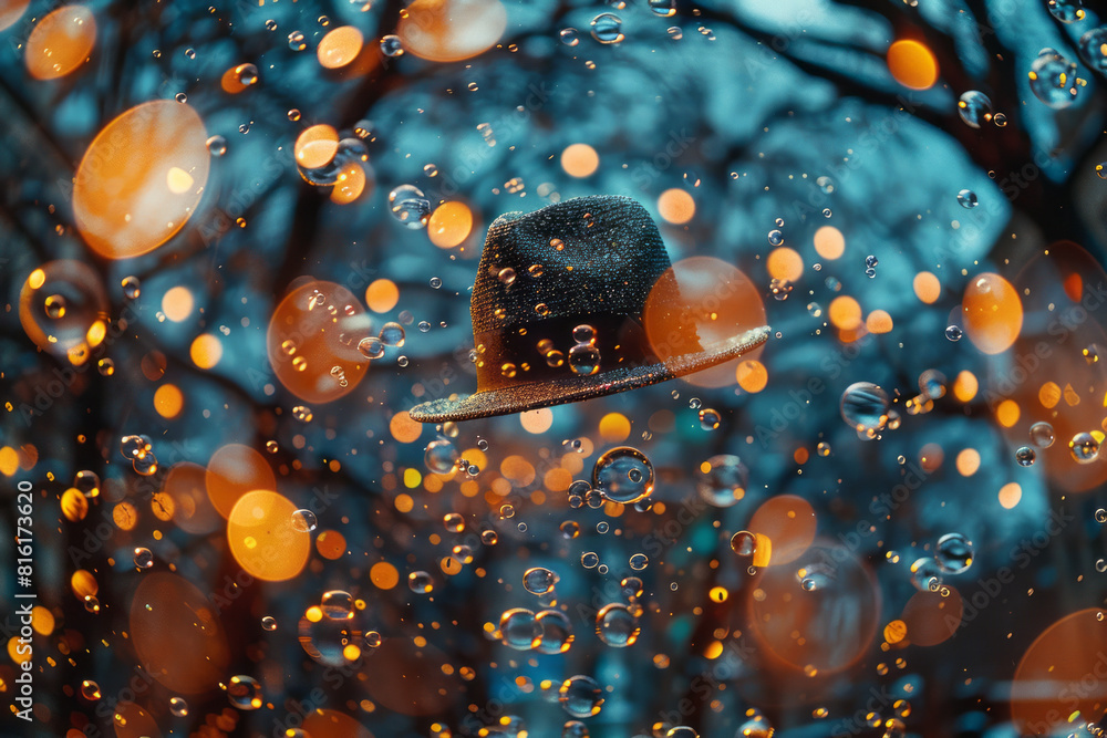 Poster Dynamic view of a hat suspended among a cluster of sparkling bubbles, adding a touch of magic,