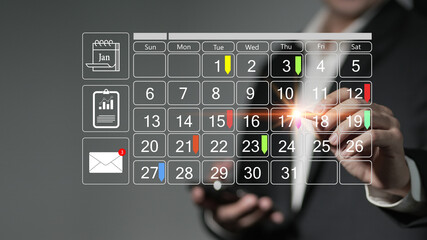 Businessman manages time for effective work. Businessman with calendar meeting schedule marking...