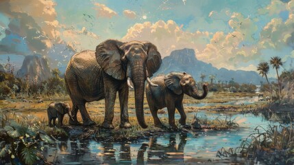 Vibrant capture of an elephant family with adults and a calf near the water in a picturesque African savanna with mountains in the background
