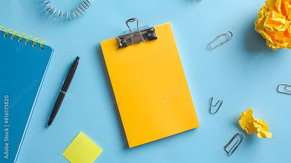 Aufkleber Yellow blank sticky notes on top of empty notebook and isolated on blue background with other objects like pen paper clip binder clip crumpled paper Open notepad with office supplies : Generative AI