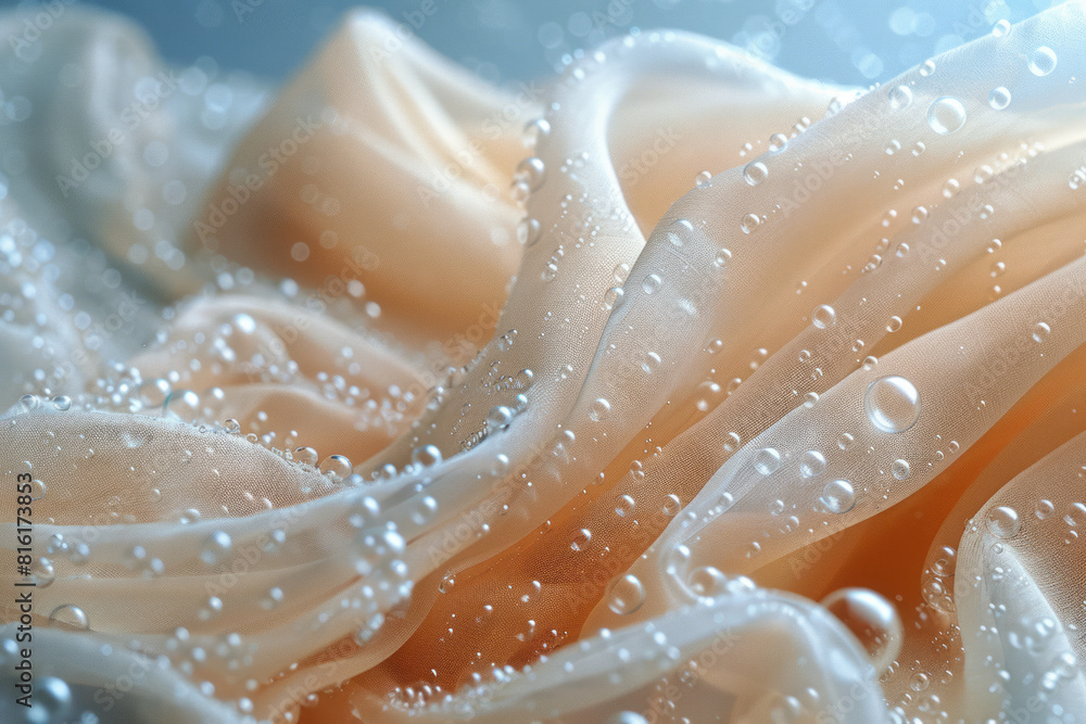 Poster Close-up of a scarf with bubbles floating gently around the fabric, creating a soft and playful atmosphere,