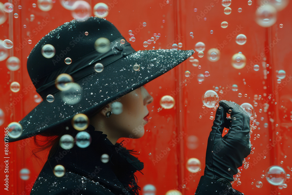 Poster Scene of a hat and gloves set with bubbles forming playful patterns around them, creating a lively and cheerful mood,