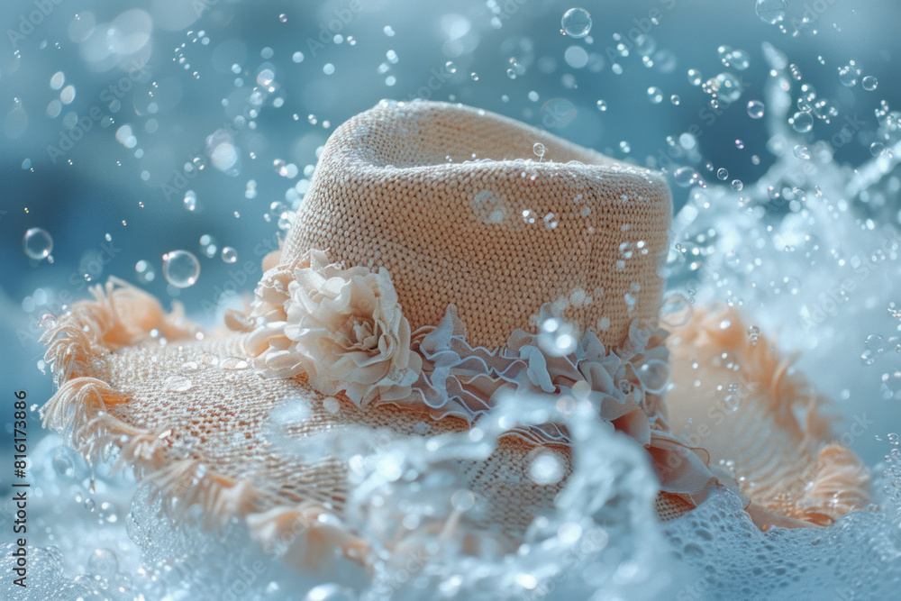 Poster Scene of a hat and gloves set with bubbles forming playful patterns around them, creating a lively and cheerful mood,