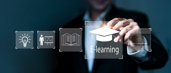 Concept of Online education. man use Online education training and e-learning webinar on internet...