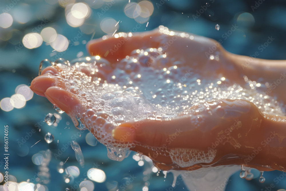 Poster Scene of a hand washing with soap, with the foam revealing hidden fractal structures within the bubbles,