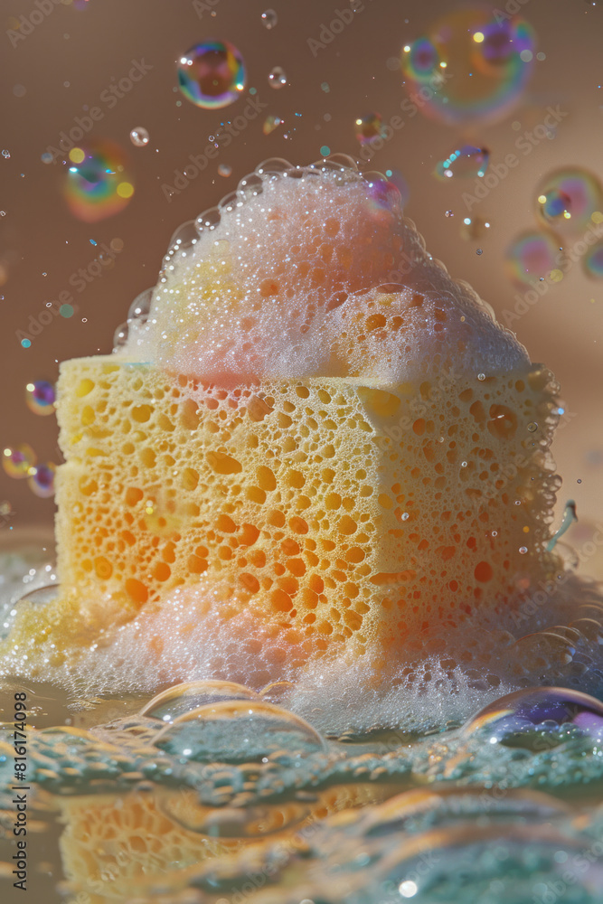 Poster illustration of a sponge filled with soap, with the bubbles displaying beautiful, geometric fractal 