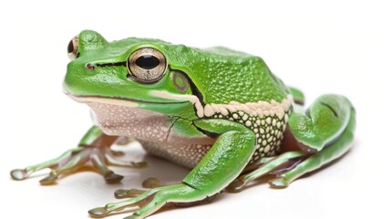 Obraz premium An intimate portrait of a green frog, poised gracefully over a neutral backdrop, conveying calm and focus
