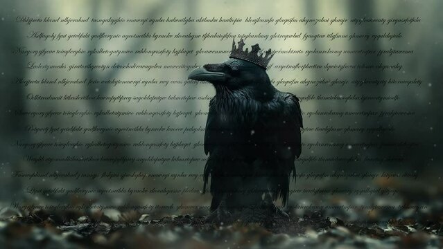 A black raven with a crown and medieval inscriptions