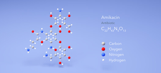 amikacin molecule, molecular structures, antibiotic, 3d model, Structural Chemical Formula and Atoms with Color Coding