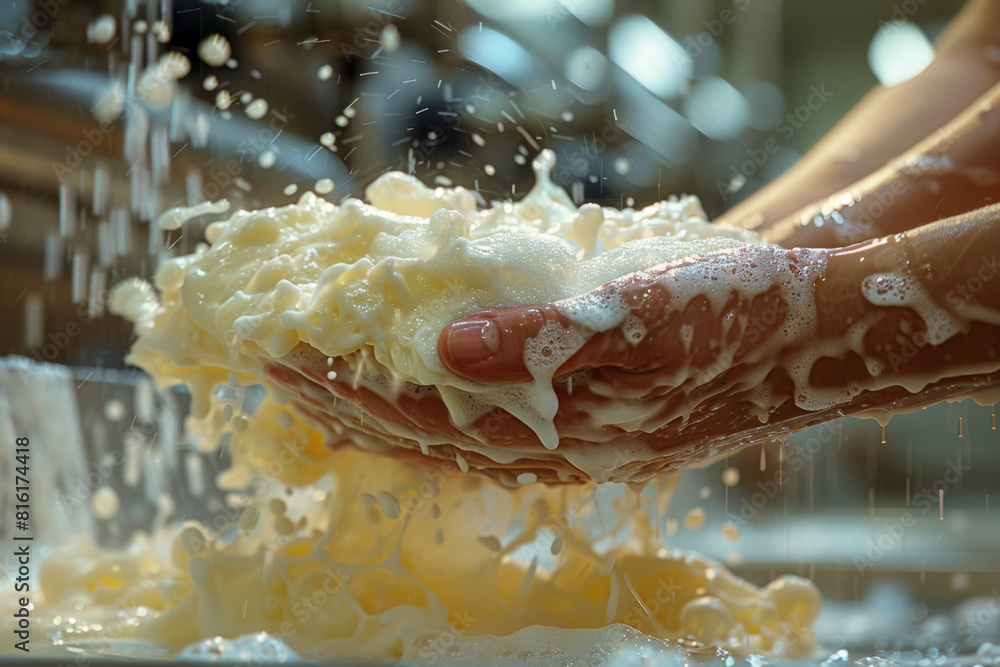 Poster dynamic image of a person washing their hands, with the soap foam displaying beautiful, geometric fr