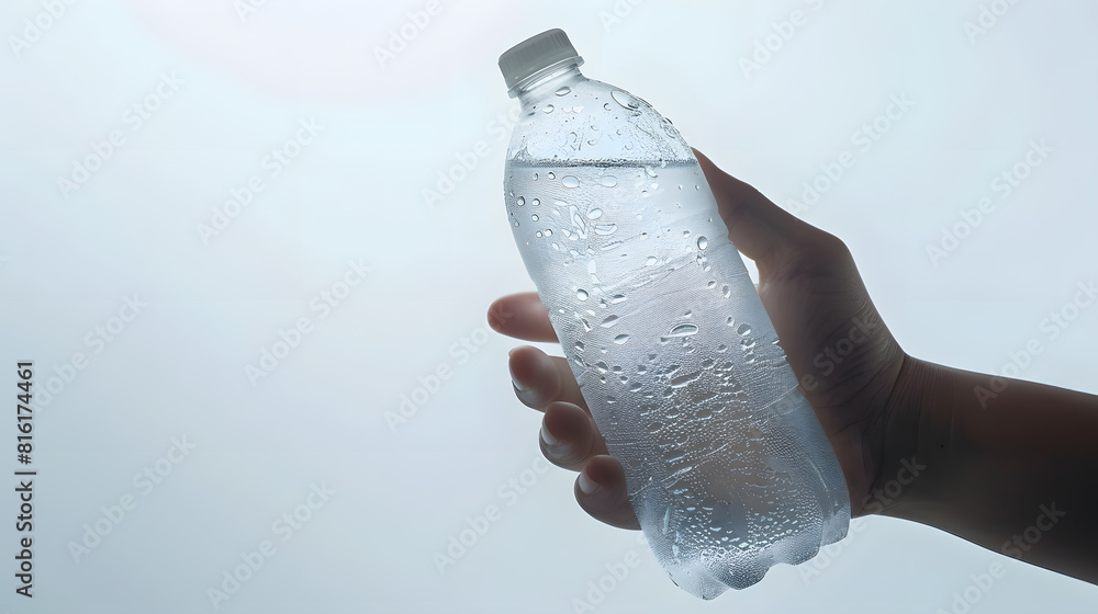 Aufkleber Closeup of hand holding Empty plastic Bottle with condensation isolated on white Background front view : Generative AI
