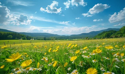 Fototapeta premium A beautiful, sun-drenched spring summer meadow. Natural colorful panoramic landscape with many wild flowers of daisies against blue sky