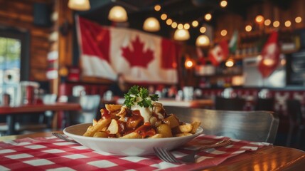 Cozy Canadian Diner with Red and White Checkered Tablecloths Serving Fresh Poutine Garnished with...
