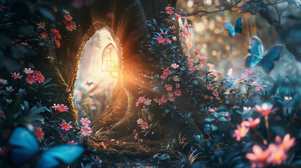 Fantasy fairy tale forest with magical shining window of enchanted elf or gnome house in hollow of...