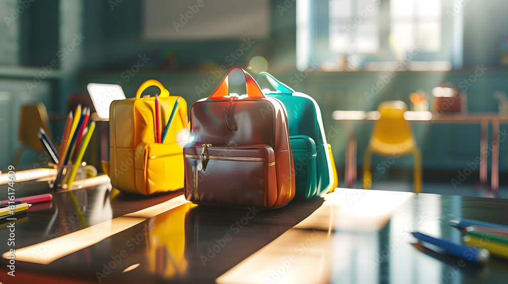 Poster interior of stylish empty classroom with backpacks and stationery : generative ai