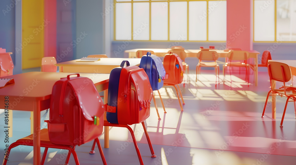 Poster interior of stylish empty classroom with backpacks and stationery : generative ai