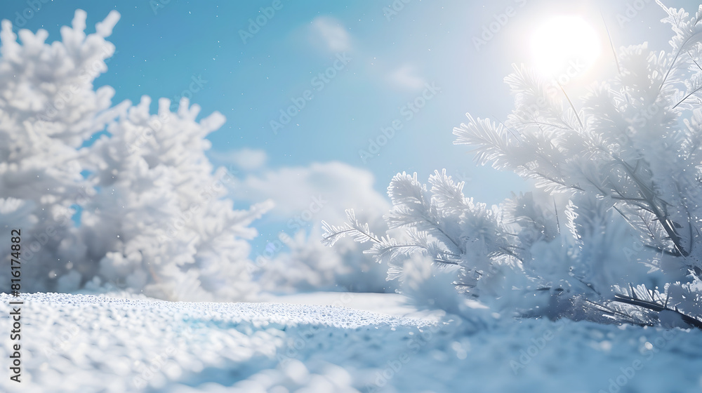 Aufkleber white snow in sun light on light blue frosty sky bright winter backdrop background with empty snowy 