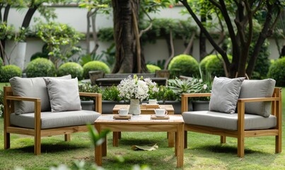 An outdoor furniture set consisting of two single chairs with and a sofa with cushioning