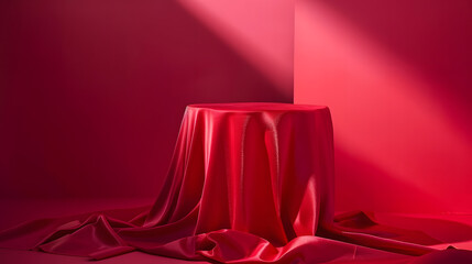 Cylinder podium covered with red cloth on viva magenta background Premium empty fabric pedestal for product display : Generative AI
