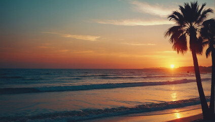 Vintage Sunset, Sci-Fi Beachscape with Retro Palms and Ocean Horizon
